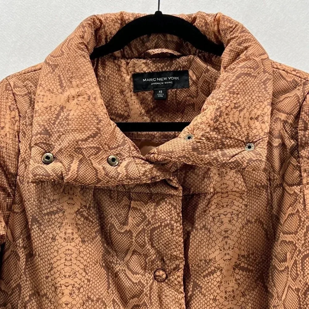 Marc New York Puffer Jacket Women Sz XS Snakeskin Snap Front Insulated Tan Brown - Picture 4 of 11
